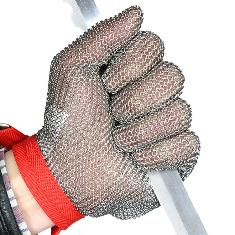 Gray 5-finger chainmail anti-cut glove held near a blade, orange cuff visible