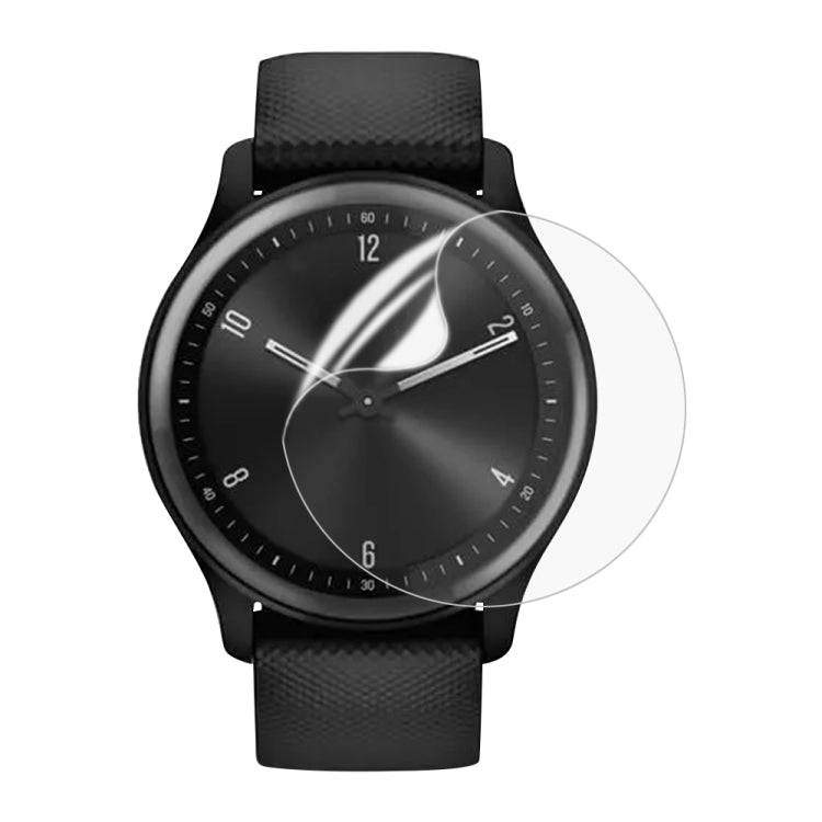 Soft hydrogel film watch screen protector, clear cover on black round smartwatch