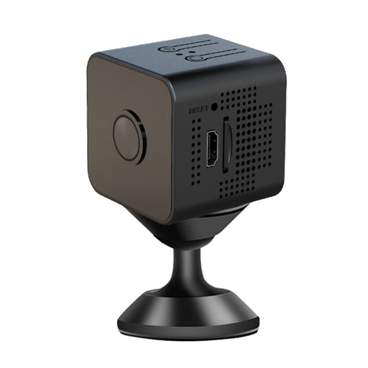 Black small cube mini HD WiFi security camera with front lens and tabletop base