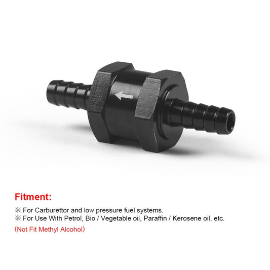 Black aluminum fuel check valve with side barbed ports and directional flow arrow