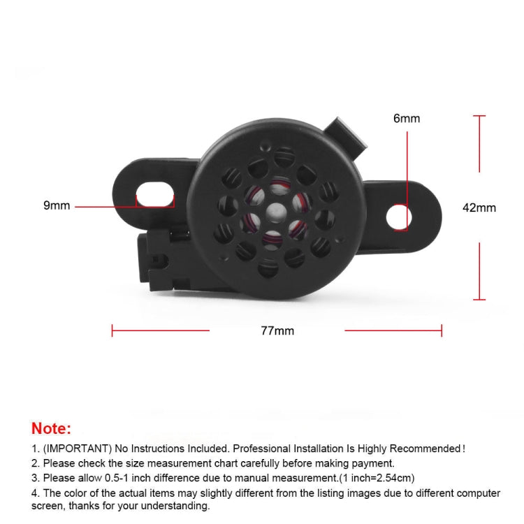 Black reversing radar horn with circular grille and labeled measurement lines