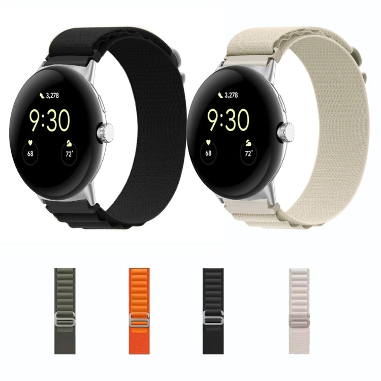 Black and starlight nylon loop watch bands with silver connectors, plus color swatches