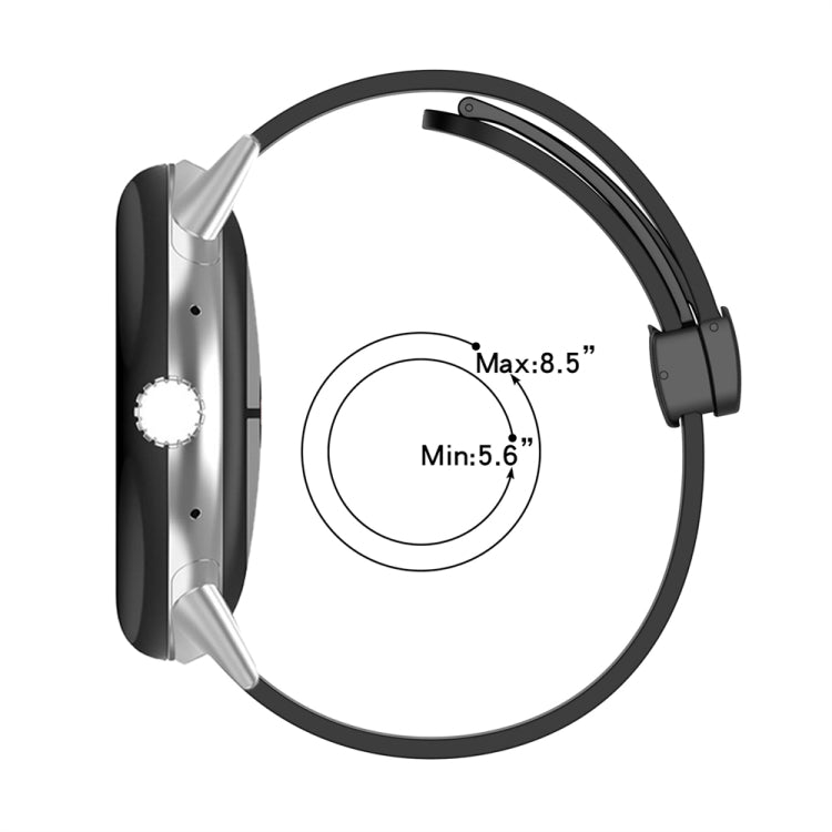 Silicone watch band sizing chart showing min 5.6 and max 8.5 in circle.