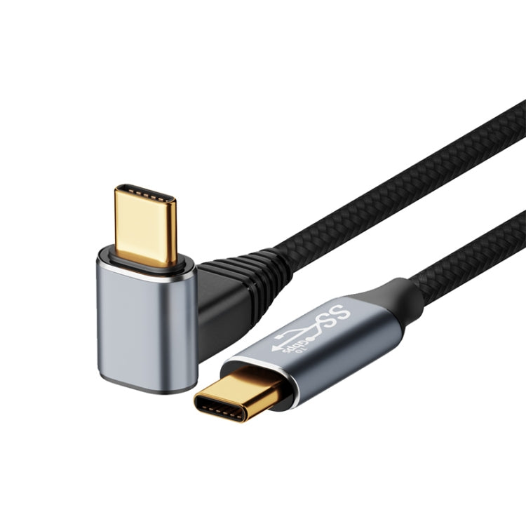 Curved USB-C to USB-C data cable, braided black sheath, gold connectors, dual ports