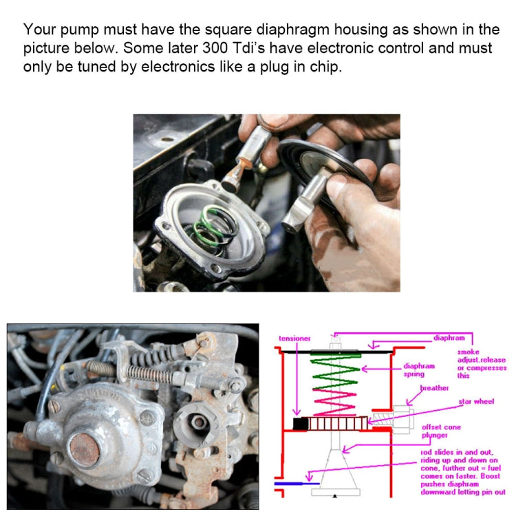 Tuning fuel boost pin installation reference shown on engine parts and diagram