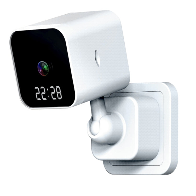 White WiFi plug-in clock camera with lens window and 02:28 time display