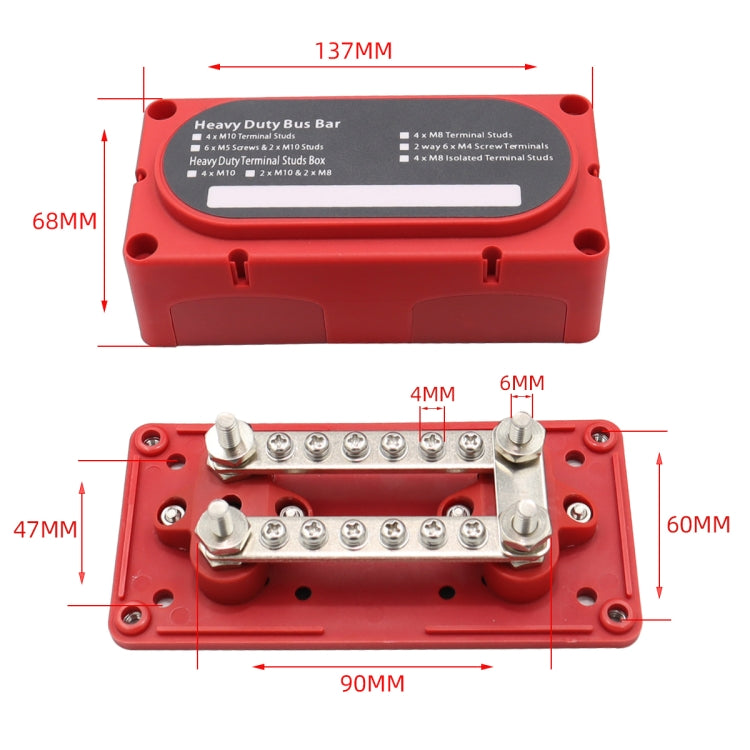 Red 12-way terminal busbar with dimensions diagram and internal terminal screws