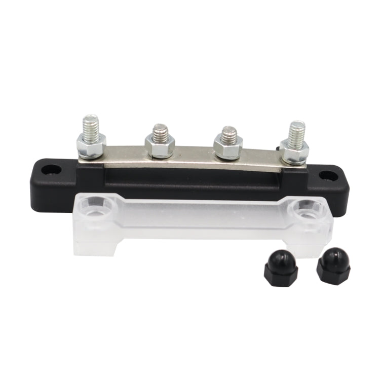 Two-way busbar terminal block with black housing, clear cover, silver bus bar, four bolts, two nuts