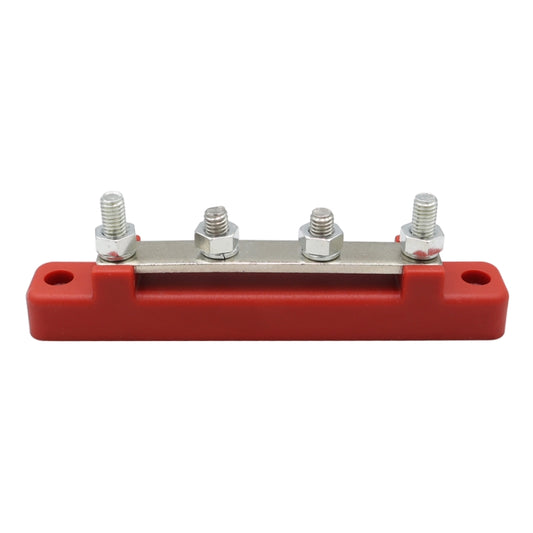 Two-way busbar terminal block with red base, silver bus bar, and four mounting stud bolts