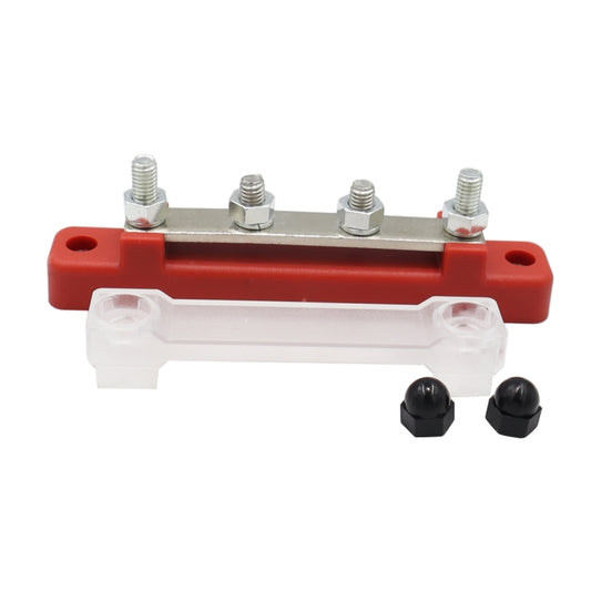 Two-way busbar terminal block with red housing, clear cover, silver bar, four bolts, two nuts