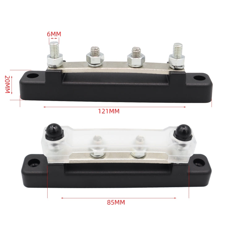DC busbar terminal block with clear cover and black housing; shows size markings 121mm and 85mm