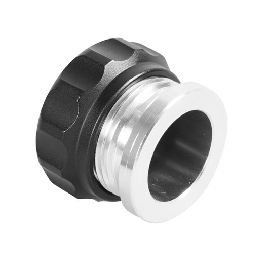 Side view of black fuel tank cap with silver threaded ring