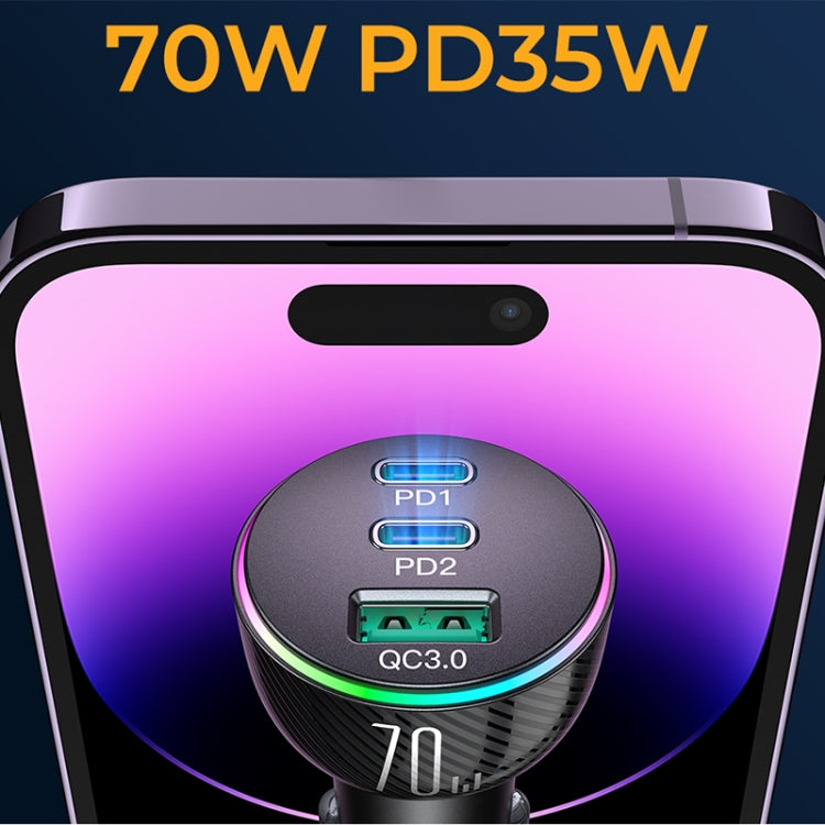 Close-up car charger with PD1, PD2, and QC3.0 ports under LED ring, black