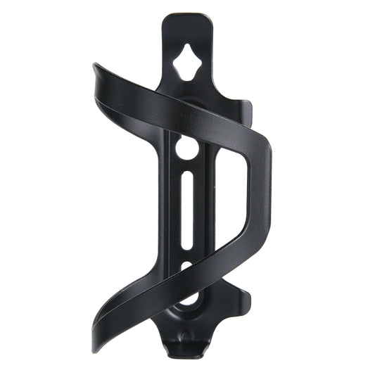Black aluminum bike bottle cage holder, side view with mounting holes.