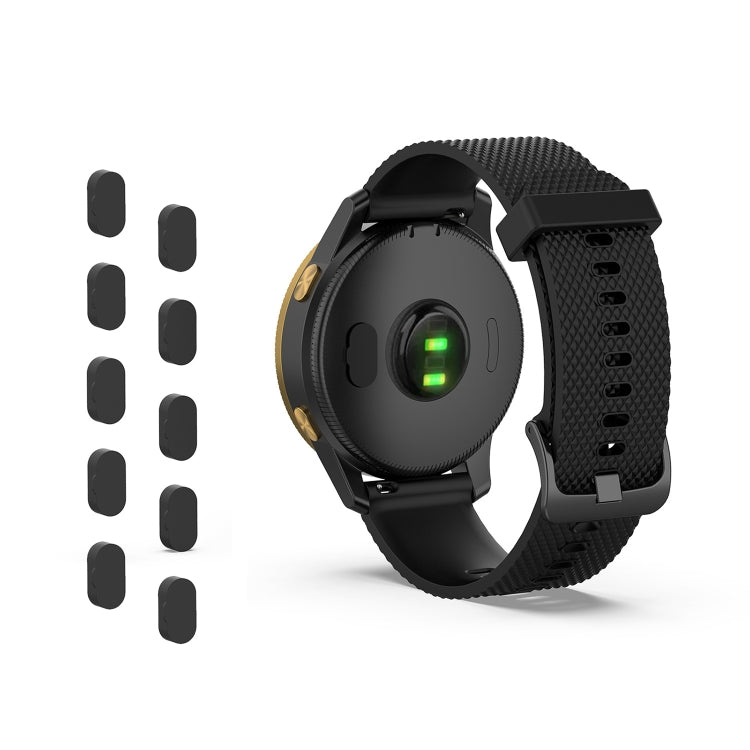 10-piece black charging port dust plugs, installed on smartwatch with spare caps