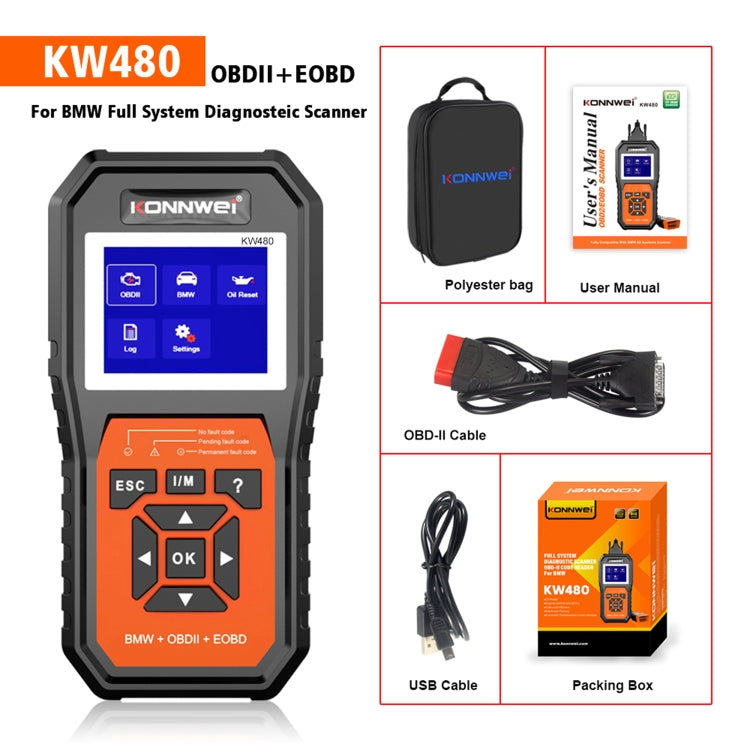 KONNWE OBD2 scanner kit with handheld unit, cables, user manual, and storage bag