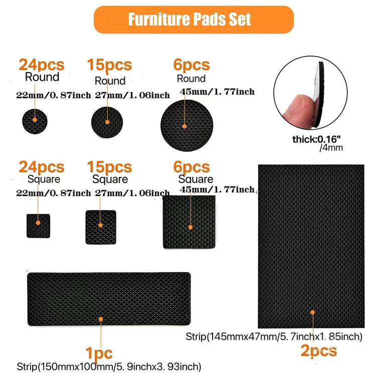 Self-adhesive furniture pad sizes diagram: round, square, and strip pads in black.