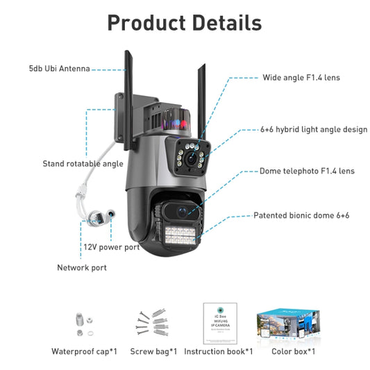 QX81 dual-lens dome security camera diagram showing ports, antenna, and lighting module