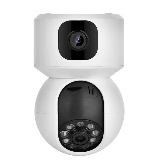 Dual-lens wireless smart PTZ security camera, white housing with upper and lower lenses