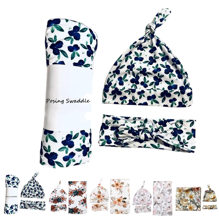 Floral newborn three-piece swaddle set: long scarf, knotted cap, and headband