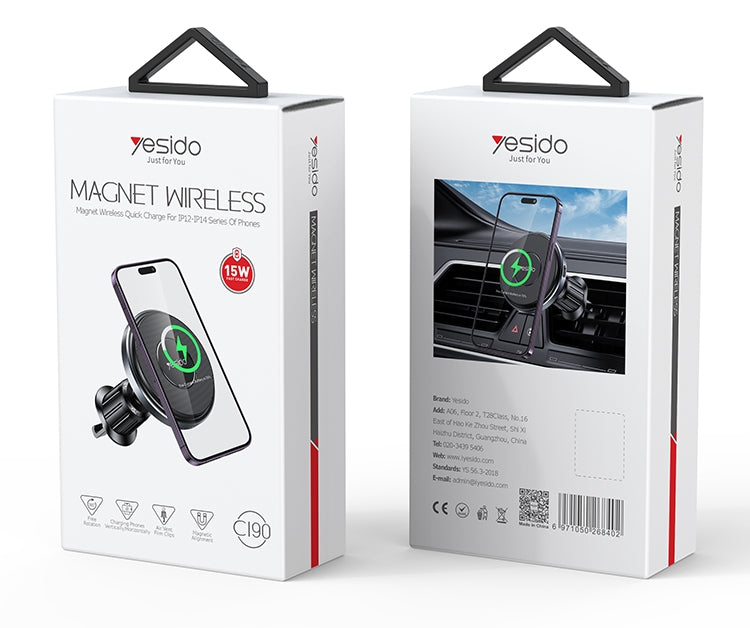 Yesido C190 magnetic wireless car air vent charger box, 15W