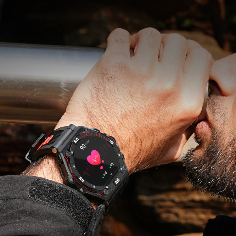 Smartwatch worn on wrist with black band and red-accented bezel