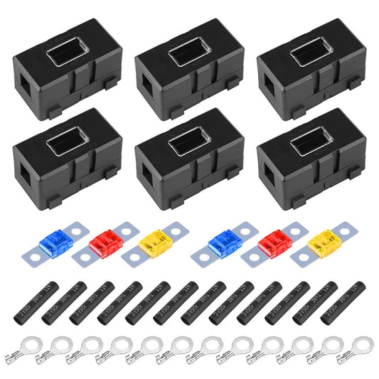 Black 6-slot car fuse holder kit with blue, red, and yellow blade fuses and clips