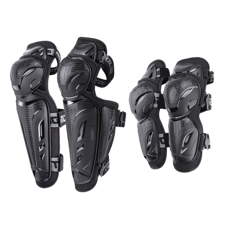 Set of black knee and elbow pads with molded shells and adjustable straps