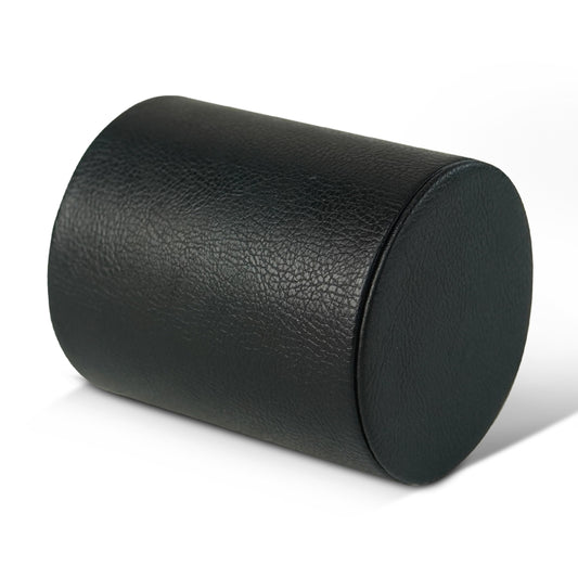 Black cylindrical PU leather pen holder with rounded side profile
