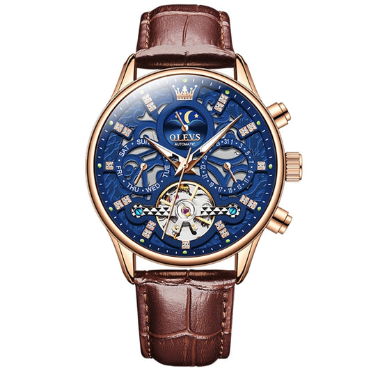 Mechanical watch with blue skeleton dial, rose-gold case, brown leather strap