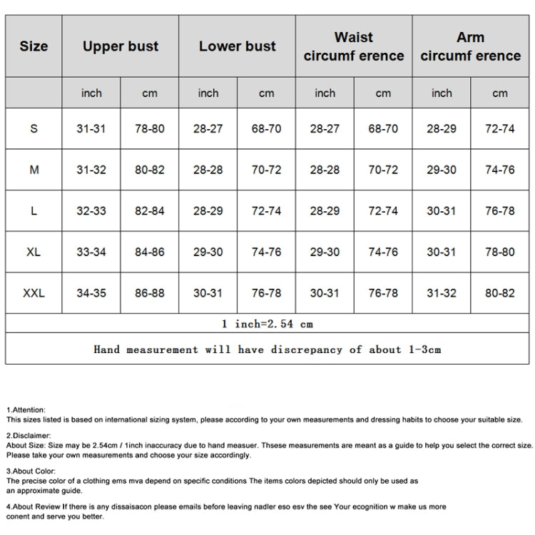 Bikini swimsuit size chart with bust, waist, and arm measurements for S–XL