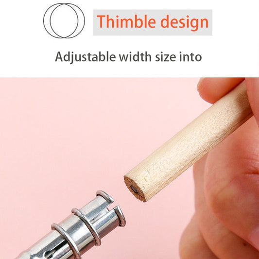 Wooden pencil extender sleeve with silver metal connector, held in hand