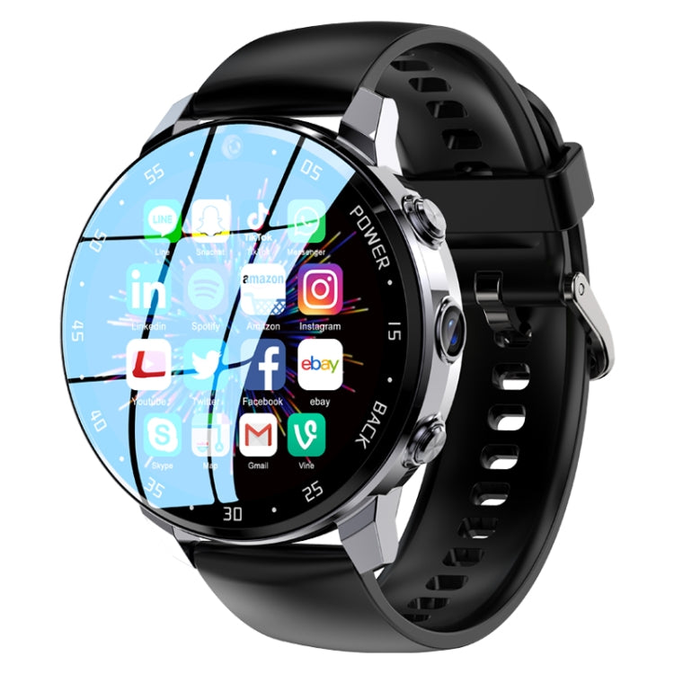Black smartwatch front view with blue touchscreen icons and silver bezel, silicone strap