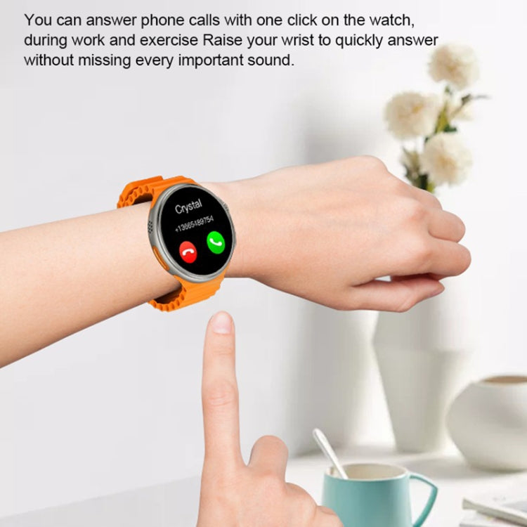 Orange round smart watch on wrist, phone call buttons on screen