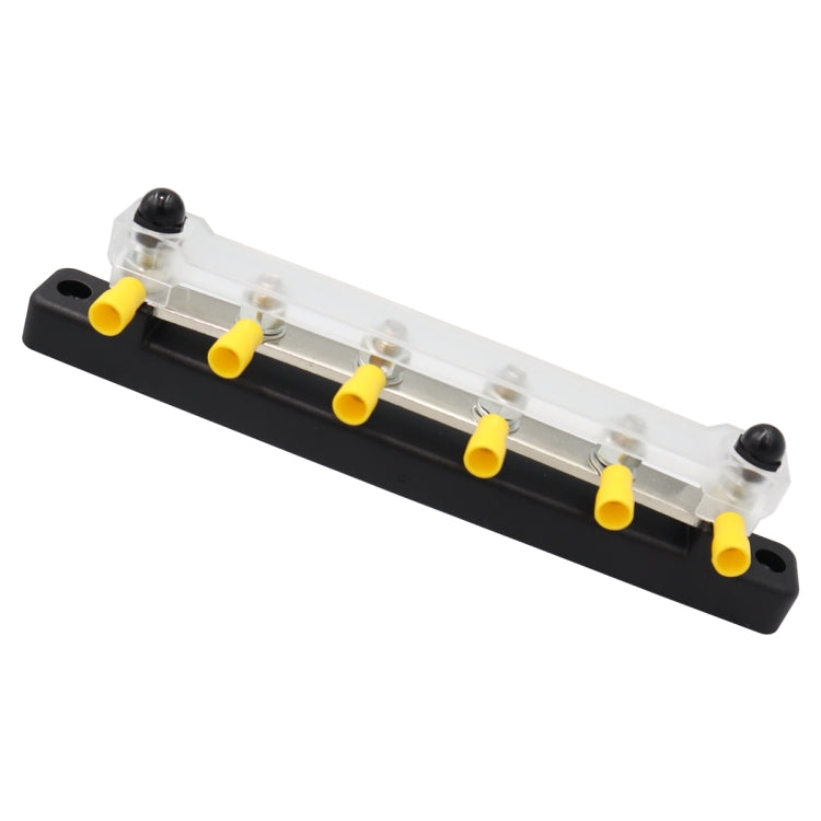 Single-row busbar terminal strip with clear cover, black base, six yellow terminals