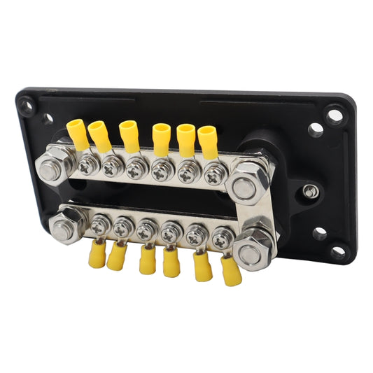 Black wall-mount terminal busbar with dual metal bars and 12 yellow insulated connectors