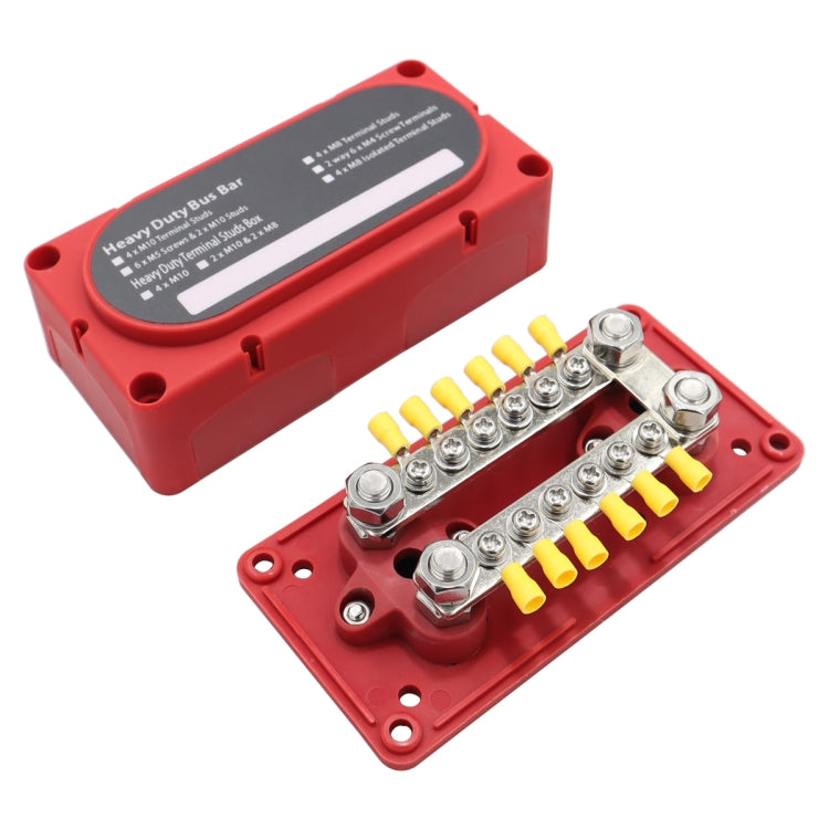 Red terminal busbar kit with dual plated bars and yellow insulated screw terminals