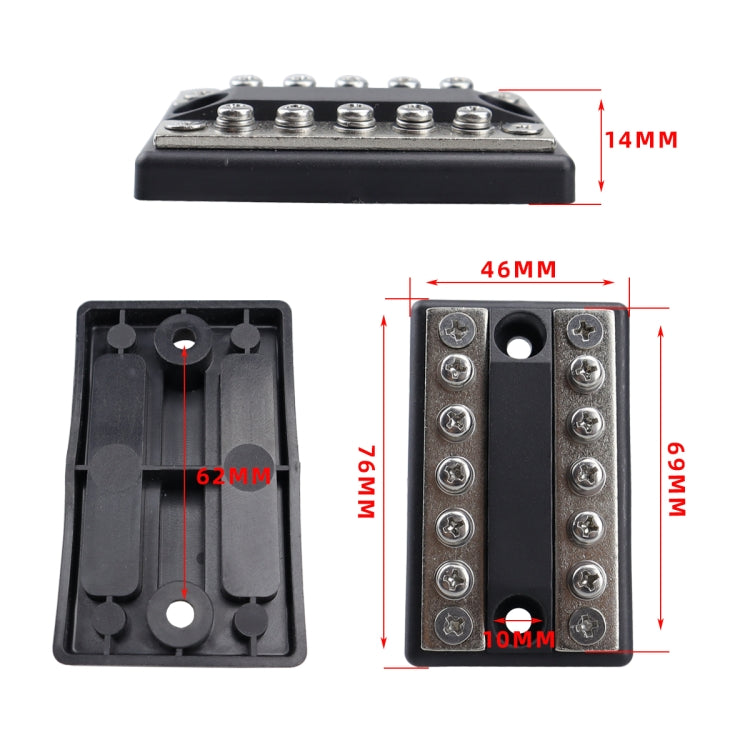 Busbar terminal block dimensions diagram with 14mm and 46mm size labels