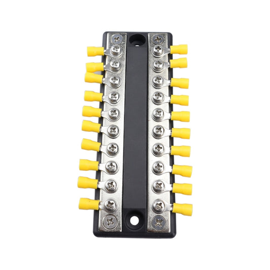 Dual-row 10-way busbar terminal block, side view with silver screw terminals