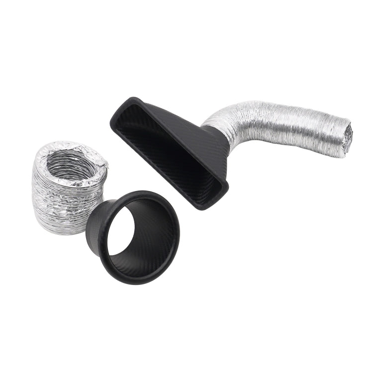 Car air intake pipe kit with silver ribbed hose, black round funnel, and square adapter