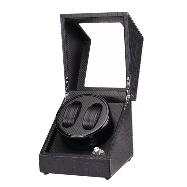 Black crocodile-pattern electric watch winder box with open lid and two-watch holder