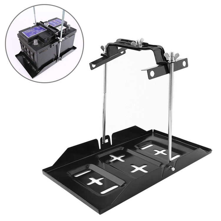 Universal car battery bracket holder with black base tray and adjustable metal posts