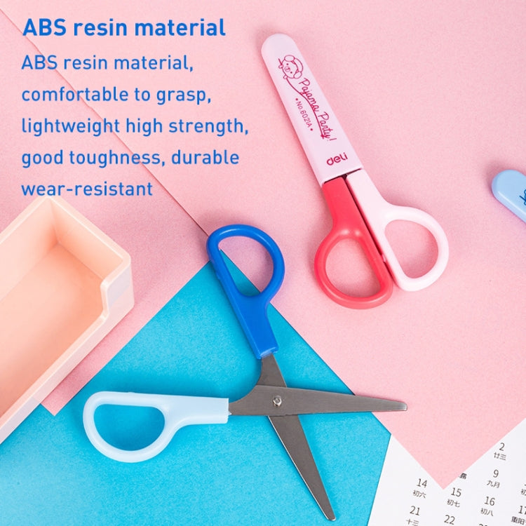 ABS plastic kids scissors with red and blue handles and metal blades for cutting paper.