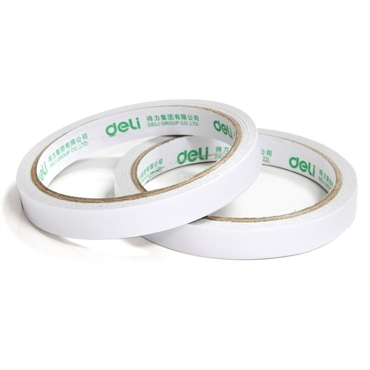 Two double-sided adhesive tape rolls, white tape wound around brown inner core