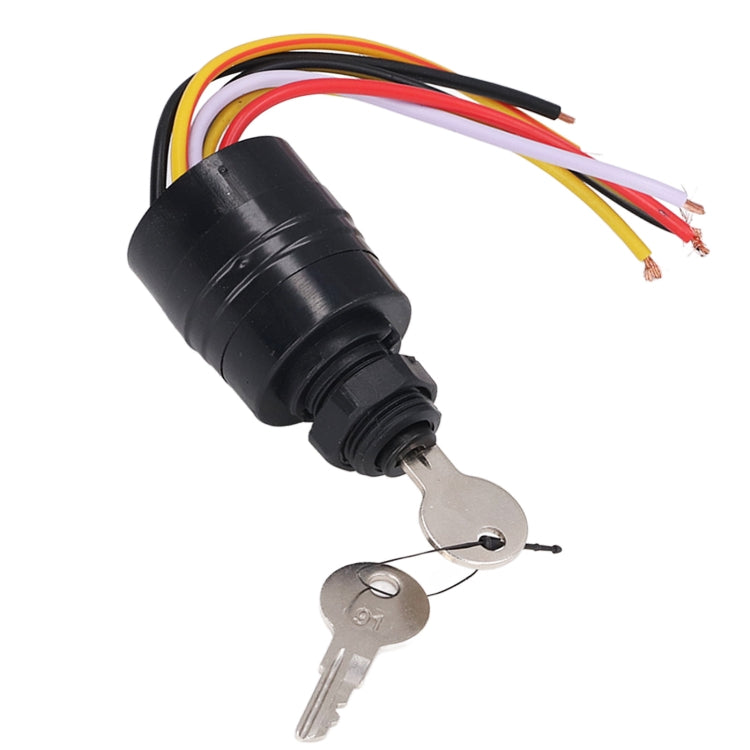 Outboard ignition key switch with black body, multicolor wire leads, two metal keys