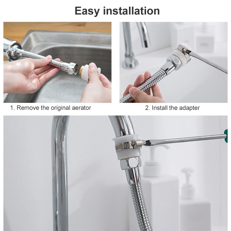 Kitchen faucet shower head installation adapter with chrome connector and flexible hose