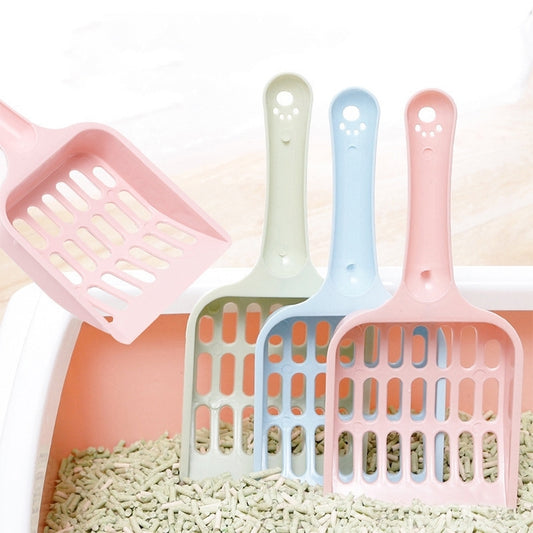 Pastel cat litter scoop, perforated grid tray with long handle and hanging hole