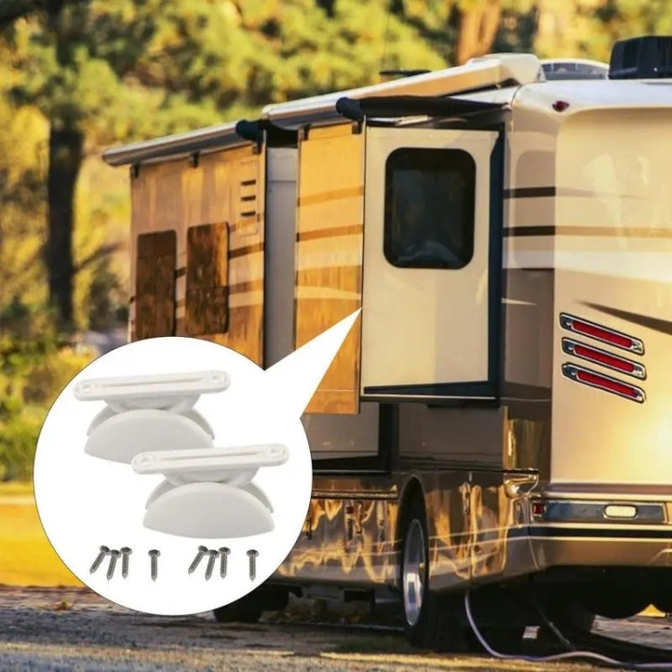 RV hatch retainer kit: two white semicircular brackets and screws in accessory view