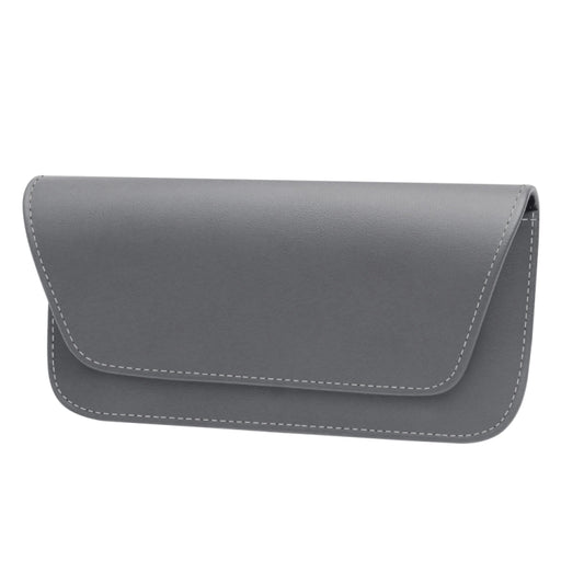 Car glasses storage bag in grey leather with stitched flip-top cover