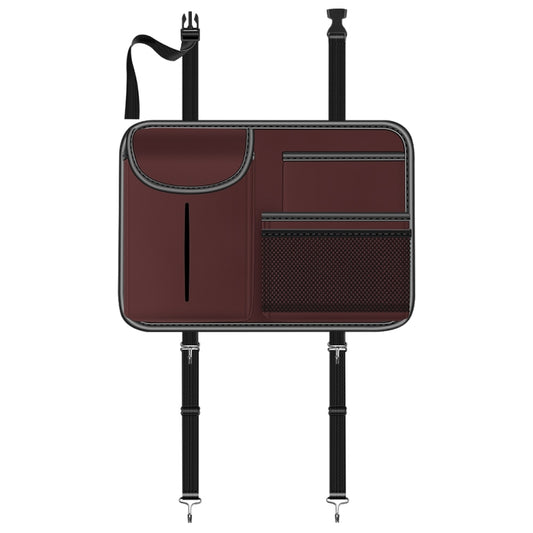 Brown leather-texture car seat back storage bag with two straps and divider pockets